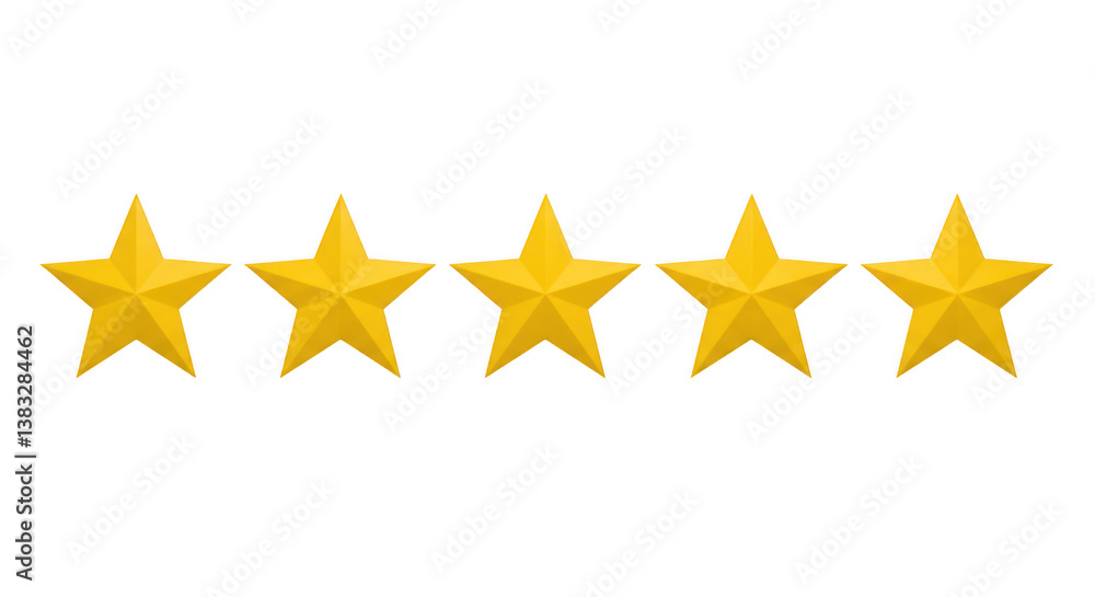 Five yellow stars aligned in a row on a plain simple presentation on transparent background Five yellow stars aligned in a row on a plain simple presentation on transparent background