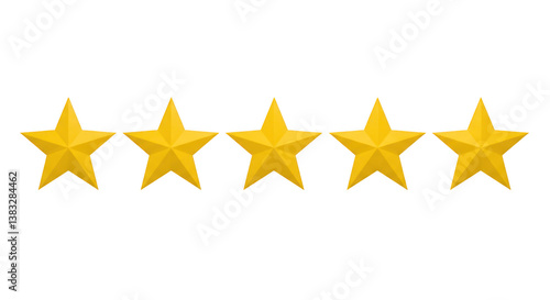 Five yellow stars aligned in a row on a plain simple presentation on transparent background
