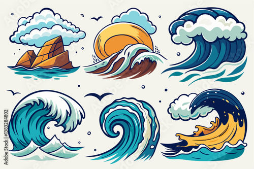 Sea waves sketch. Storm wave, vintage tide and ocean beach storms hand drawn vector and illustration set