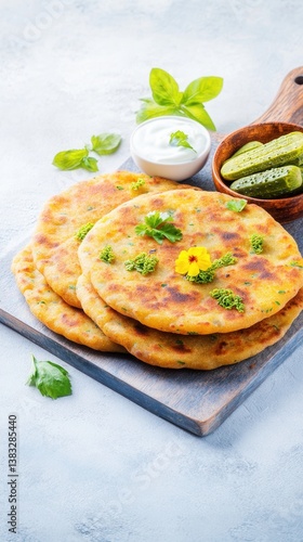 Delicious Indian Methi Thepla spiced flatbread served on a rustic wooden board accompanied by fresh yogurt dip and pickled cucumbers garnished with fresh herbs creating a vibrant