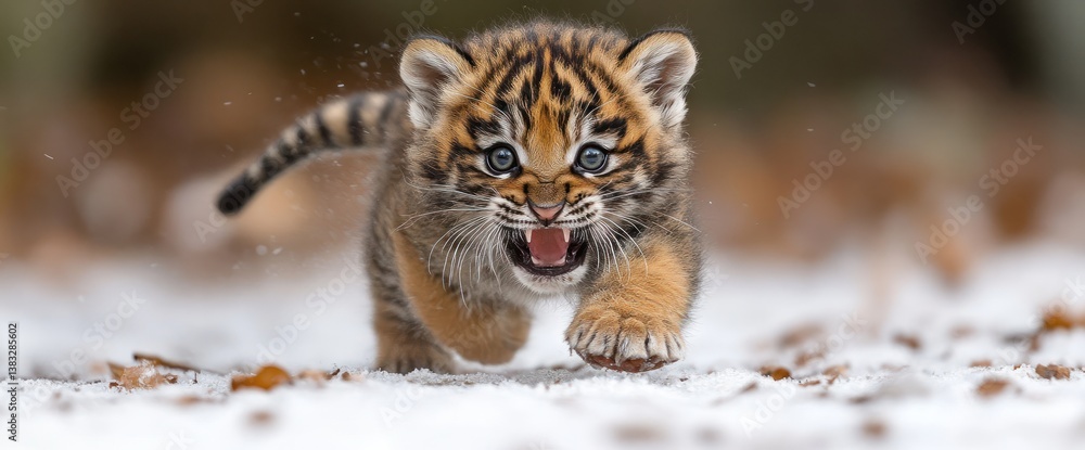 Obraz premium Cute tiger cub running in snow