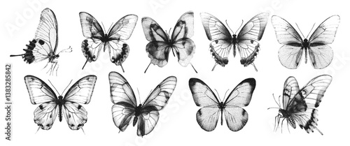 Butterfly elements of the retro photocopy effect. The effect of grain and dotted lines. Vector.