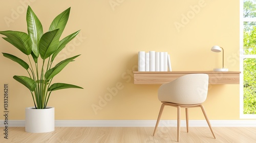 Serene and Modern Workspace Featuring Minimalist Desk and Stylish Chair in a Bright Yellow Room with Lush Green Plant and Natural Light ,Office interior backdrop for online meetings