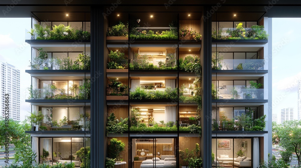 Modern green building facade with balcony gardens Modern green building facade with balcony gardens