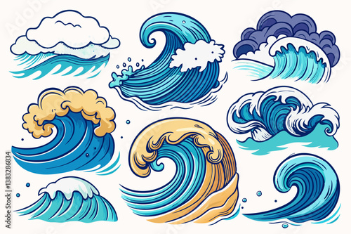 Sea waves sketch. Storm wave, vintage tide and ocean beach storms hand drawn vector and illustration set