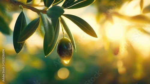 Wallpaper Mural Golden drop of extra virgin olive oil dripping from ripe olive on branch at sunset, with copy space Torontodigital.ca