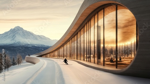 Modern ski resort, mountain views, winter wonderland