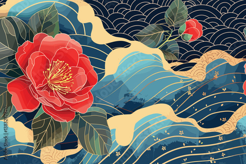 blooming flowers petals blossom branches leaves chinese new year celebration greeting card vertical