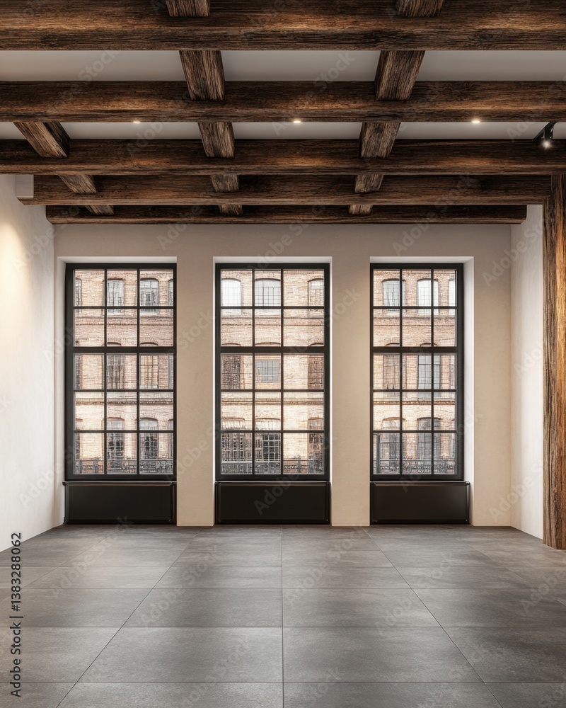 Spacious loft interior with exposed wooden beams and large windows overlooking a brick building urban view Spacious loft interior with exposed wooden beams and large windows overlooking a brick building urban view