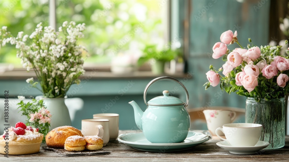 Cozy Tea Time Setup with Floral Arrangements and Delicious Treats Cozy Tea Time Setup with Floral Arrangements and Delicious Treats