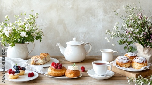 Wallpaper Mural Delightful Morning Tea with Pastries and Fresh Flowers on Table Torontodigital.ca