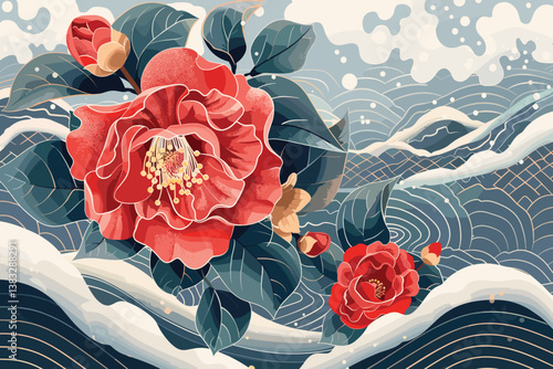 blooming flowers petals blossom branches leaves chinese new year celebration greeting card vertical