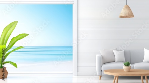 Obraz na płótnie Serene Coastal Living Room Scene with Bright Ocean View and Modern Decor, Evoking Relaxation and Calmness in a Coastal Retreat Space,Office interior backdrop for online meetings w salonie