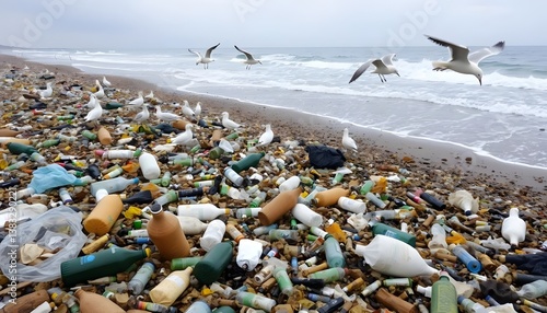 Pollution crisis seagulls amidst debris on beach coastal cleanup tragic environment aerial view awareness