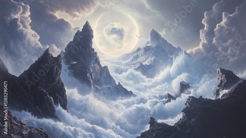 Dramatic cliffs shrouded in mist with crashing waves