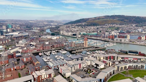 Aerial view over city of Swansea in Wales