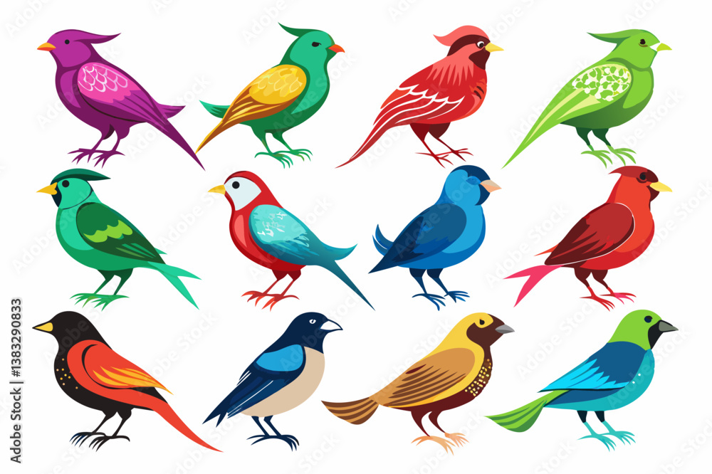 Fototapeta premium Colorful Bird Vector and Silhouettes on White Background