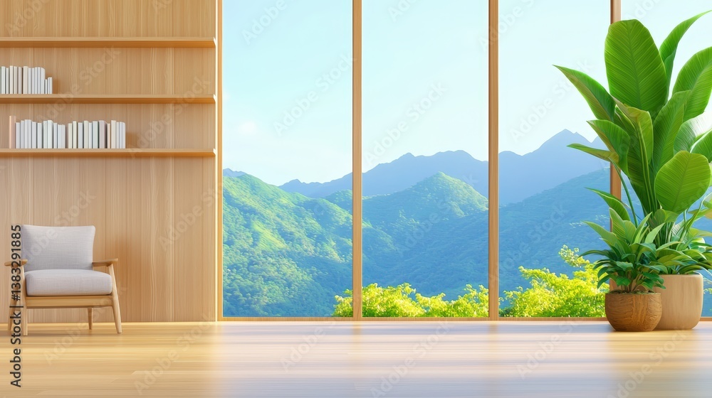 Fototapeta premium Serene Interior Scene with Cozy Chair and Lush Plant Overlooking Scenic Mountains and Clear Sky in Bright Natural Light,Office interior backdrop for online meetings