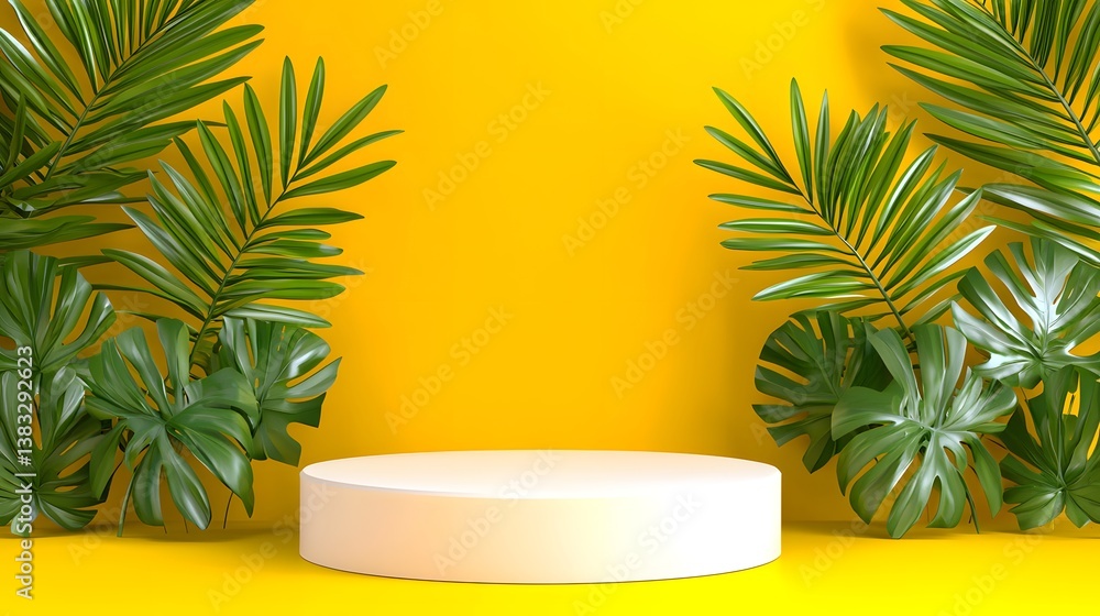 White Platform with Tropical Leaves on Yellow Background White Platform with Tropical Leaves on Yellow Background