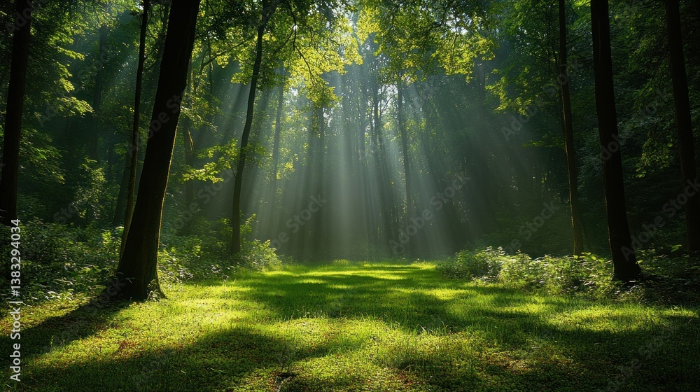 Obraz premium Sunlight streams through forest