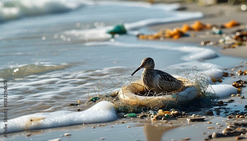 Fototapeta premium Bird nesting amid pollution coastal beach environmental awareness natural habitat wildlife photography conservation concept