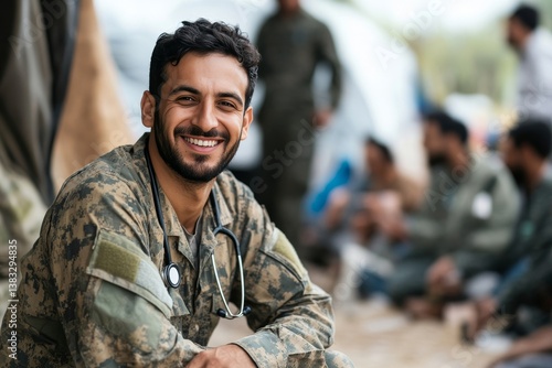 a smiling man wearing camouflage clothing, possibly a soldier or medic, sitting and looking at the camera. The man is sitting and has a stethoscope around his neck.