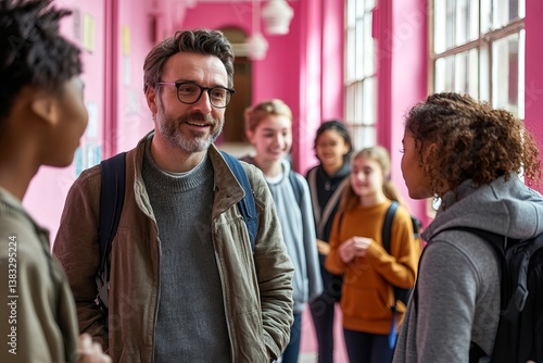 a group of students and a teacher interacting in a vibrant school hallway. They are engaged in conversation