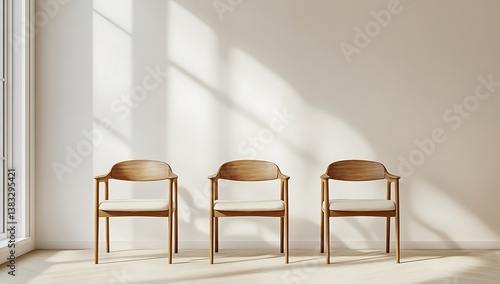 Minimalist waiting area with three identical light walnut wood armchairs featuring cream-colored seats, bathed in soft sunlight, casting subtle shadows on a white wall.