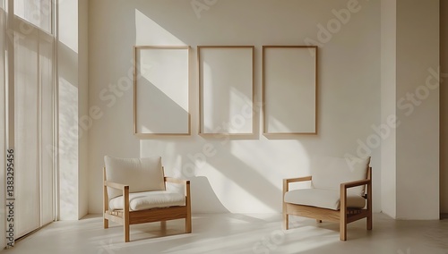 Minimalist waiting area with three identical light walnut wood armchairs featuring cream-colored seats, bathed in soft sunlight, casting subtle shadows on a white wall.