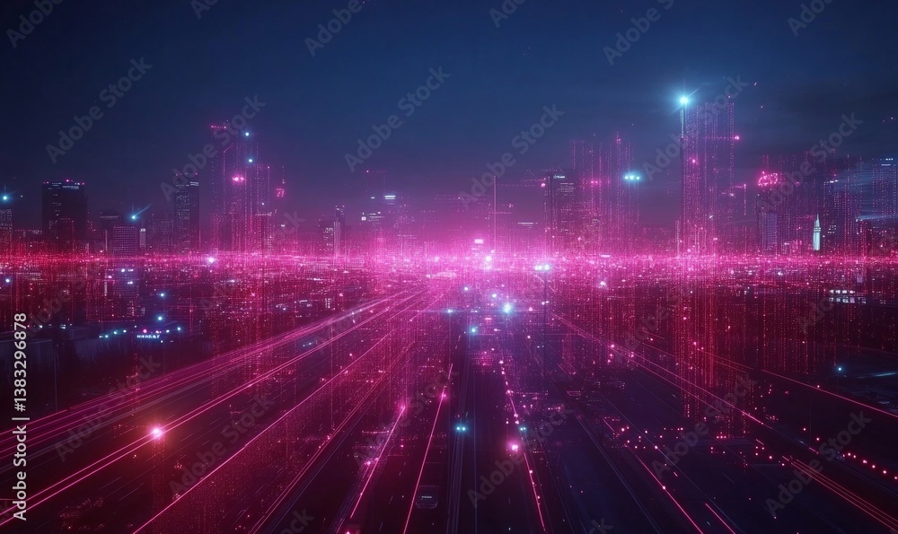 futuristic city, network and data transfer, information technology. The cityscape glows with neon colors and reflects the data flow futuristic city, network and data transfer, information technology. The cityscape glows with neon colors and reflects the data flow