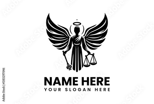 Majestic angel warrior wielding a flaming sword, divine law and justice emblem for legal and spiritual branding