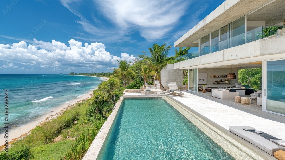 Fototapeta premium Oceanfront villa infinity pool, tropical beach, luxury vacation rental