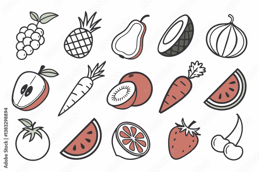 Fototapeta premium Set of Different Style Hand-Drawn fruit Vector Icons