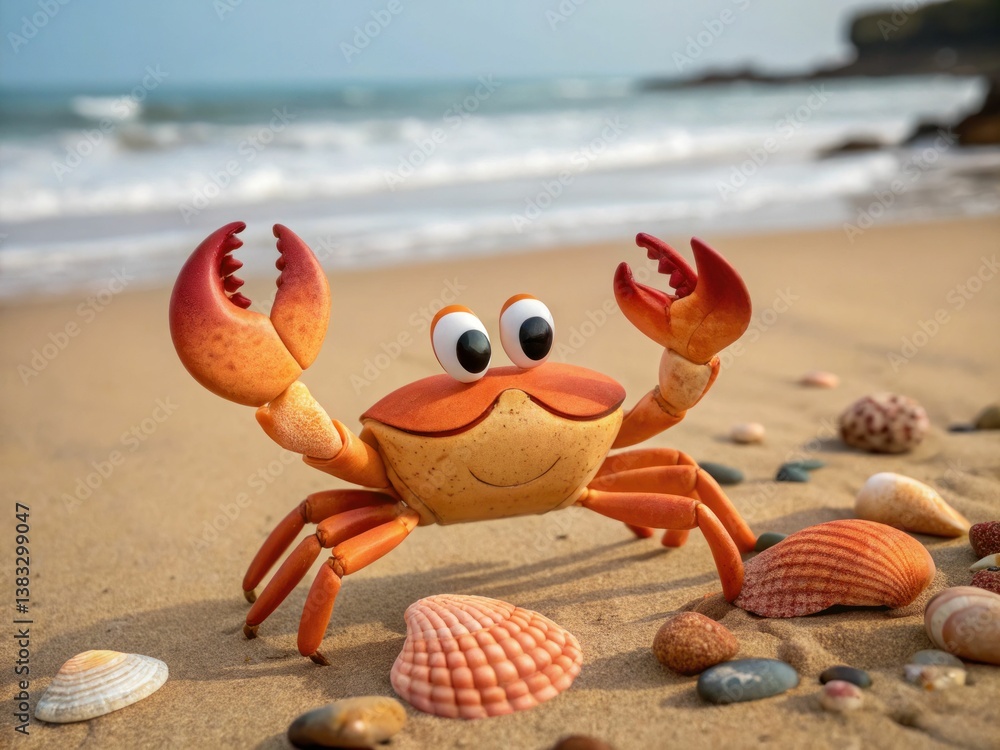 A cheerful crab with large eyes poses on a sandy beach surrounded by seashells, capturing a playful, coastal vibe.