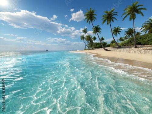 A serene beach scene featuring turquoise waters, gentle waves, and swaying palm trees under a bright blue sky.