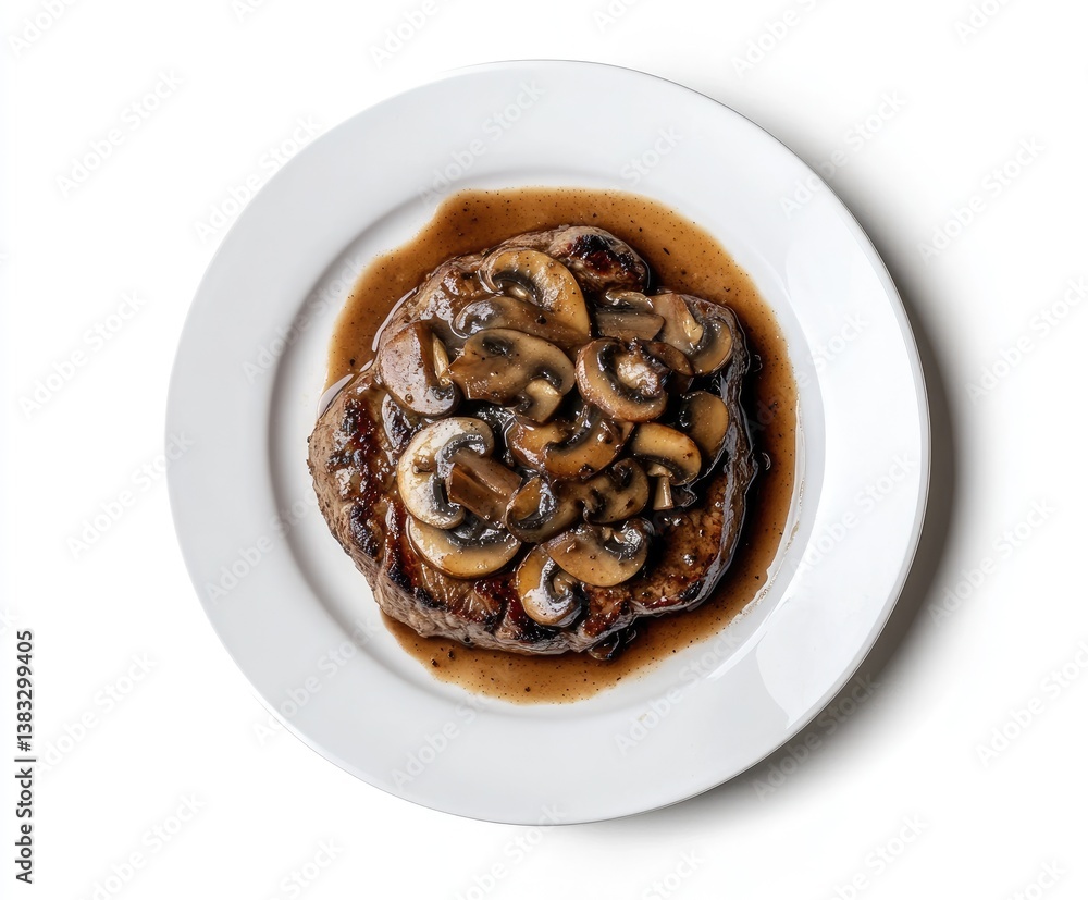 Seared steak with sauteed mushrooms in a rich brown sauce Seared steak with sauteed mushrooms in a rich brown sauce