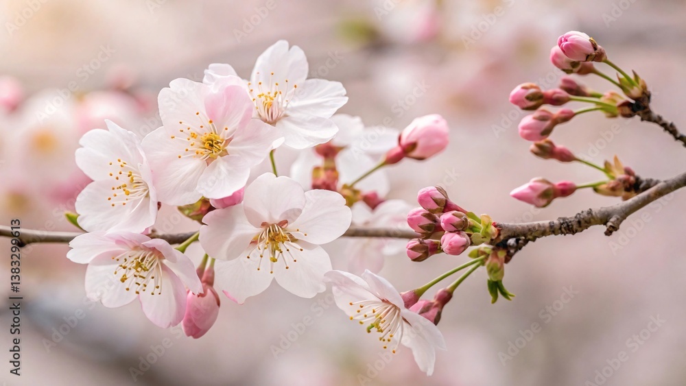 Obraz premium Cherry Blossoms in Full Bloom on a Branch with Delicate White and Pink Petals Highlighting Springtime Beauty