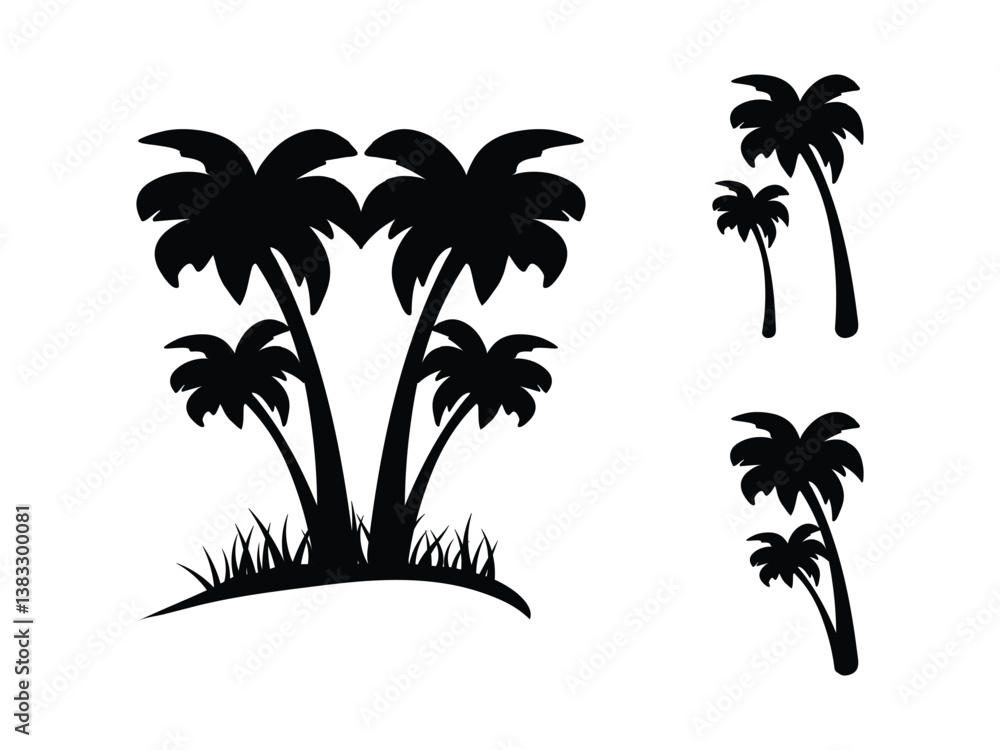 Fototapeta premium Palm Tree Silhouette Vector Set – Tropical Beach and Nature Illustration