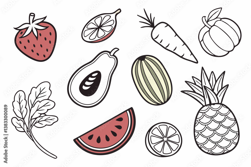 Fototapeta premium Set of Different Style Hand-Drawn fruit Vector Icons