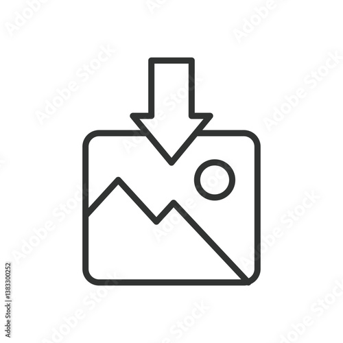 Download image, icon in line design. Download image, image, download, arrow, save, media, picture on white background vector. Download image, editable stroke icon