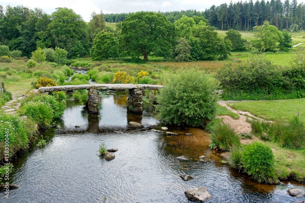 Obraz premium Postbridge Clapper Bridge in Dartmoor National Park in Devon England