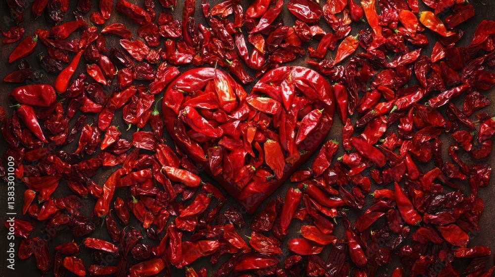 Fototapeta premium Chili pepper heart, red spice, rustic wood, Valentine's, food blog