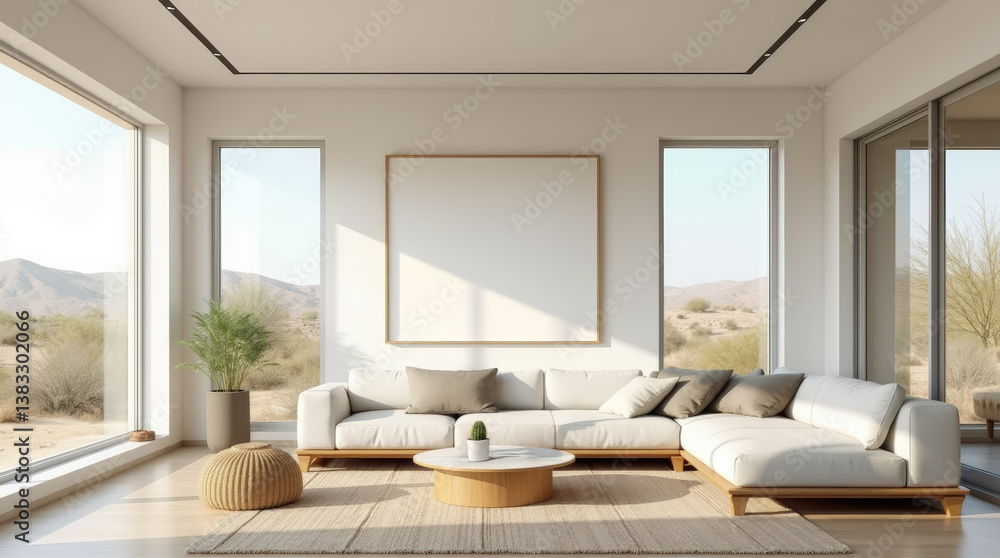 Bright and minimalist interior living room overlooking a desert landscape, sectional sofa with comfortable cushions and round coffee table with a light-colored top Bright and minimalist interior living room overlooking a desert landscape, sectional sofa with comfortable cushions and round coffee table with a light-colored top