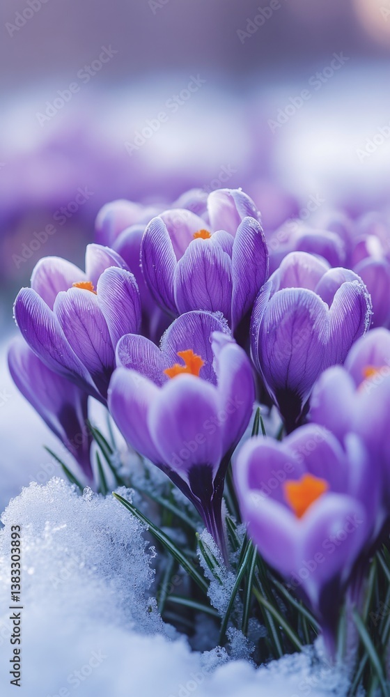 Captivating Crocus Flowers Emerging Through Snow in Early Spring a Symbol of Renewal and Hope in a Serene Landscape Captivating Crocus Flowers Emerging Through Snow in Early Spring a Symbol of Renewal and Hope in a Serene Landscape
