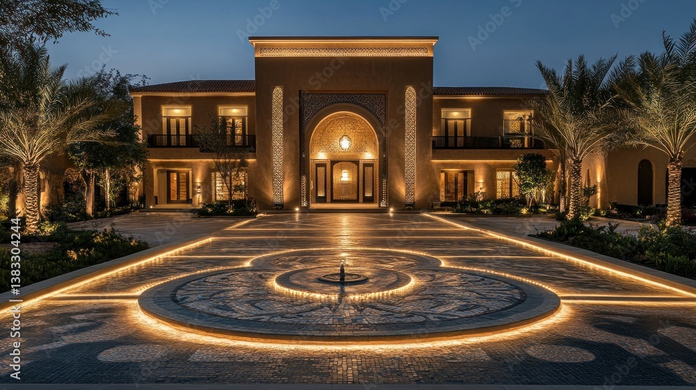 Obraz premium A luxurious mansion illuminated at night, showcasing intricate architectural design and landscaping.