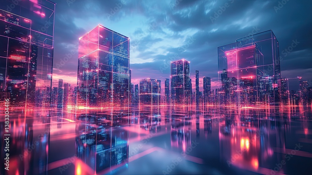 Illuminated glass cubes neon cityscape reflections Neon-lit glass cubes reflecting the dynamic energy of a cityscape, ideal for futuristic or urban design projects. Illuminated glass cubes neon cityscape reflections Neon-lit glass cubes reflecting the dynamic energy of a cityscape, ideal for futuristic or urban design projects.