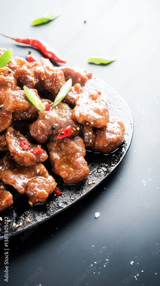 Fototapeta premium A sizzling plate of Chinese black pepper beef, glistening with a rich dark sauce, is garnished with vibrant red chilies and fresh green onions, ready to be served.