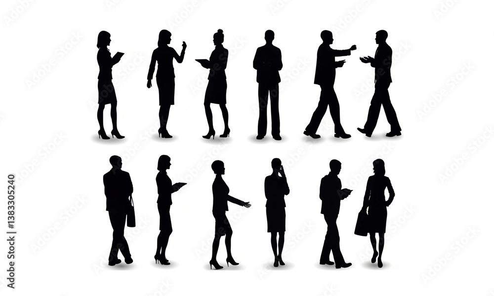 Black vector silhouettes of business people and family, a standing group of men and woman in suits, walking as a team. Black vector silhouettes of business people and family, a standing group of men and woman in suits, walking as a team.
