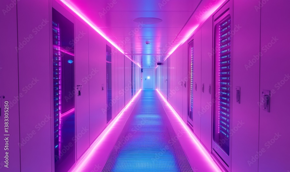 Fototapeta premium A futuristic hallway with neon lights and doors, creating an atmospheric and modern aesthetic
