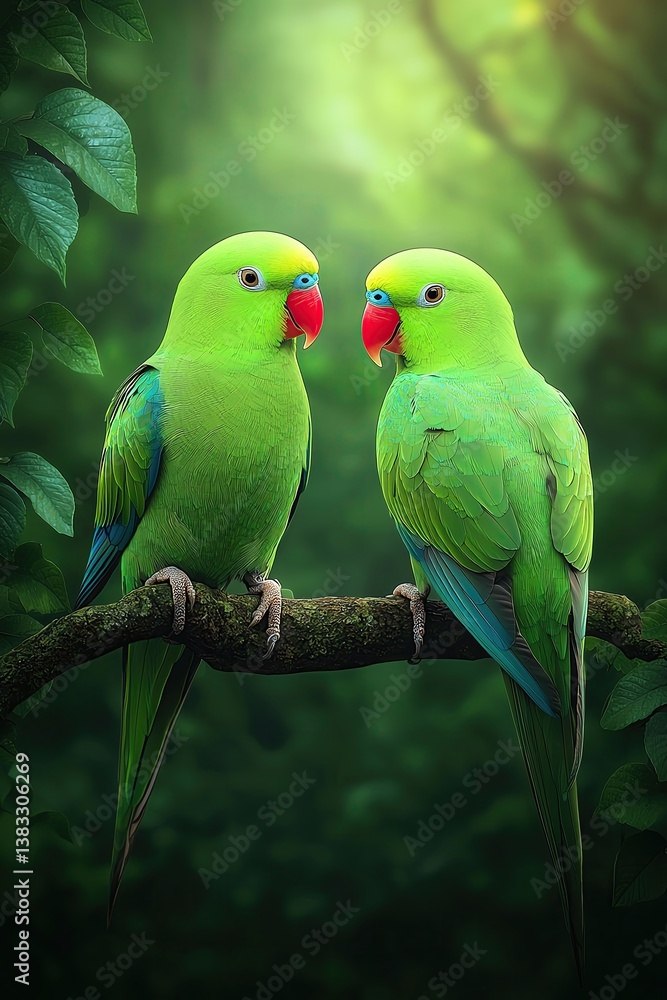 Fototapeta premium Two green parrots on tree branch in a forest wallpaper for nature lovers high-definition parrot wallpaper and realistic parrot wallpaper for forest scenes with parrots, green parrots, forest backgroun